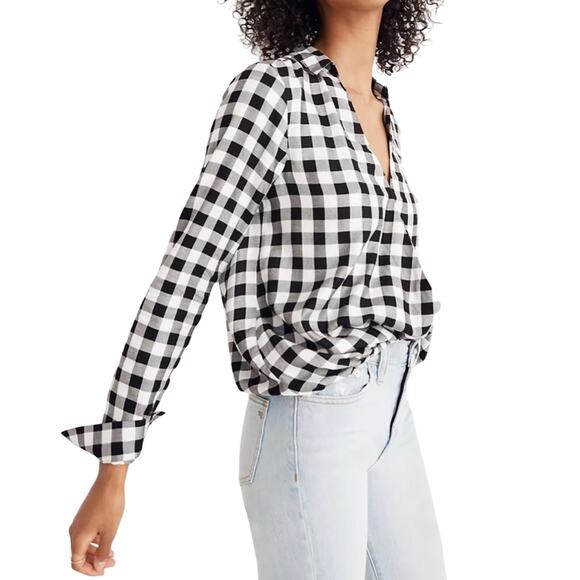 Madewell Wrap-Front Shirt in black and white plaid size xs - Picture 6 of 7